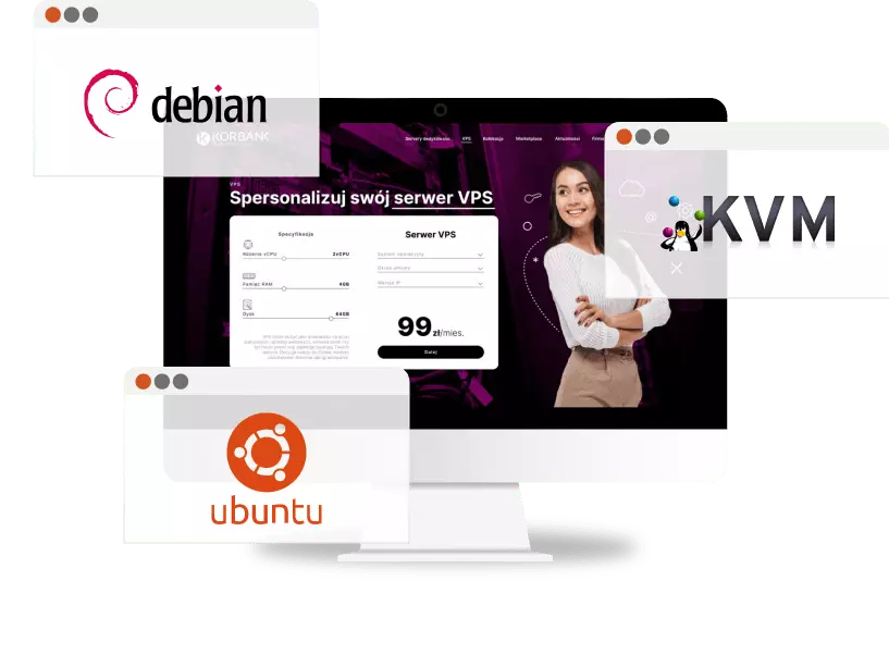 Monitor with the k.pl website on the VPS servers offer. Next to the icons of the Debian, KVM and Ubuntu operating systems